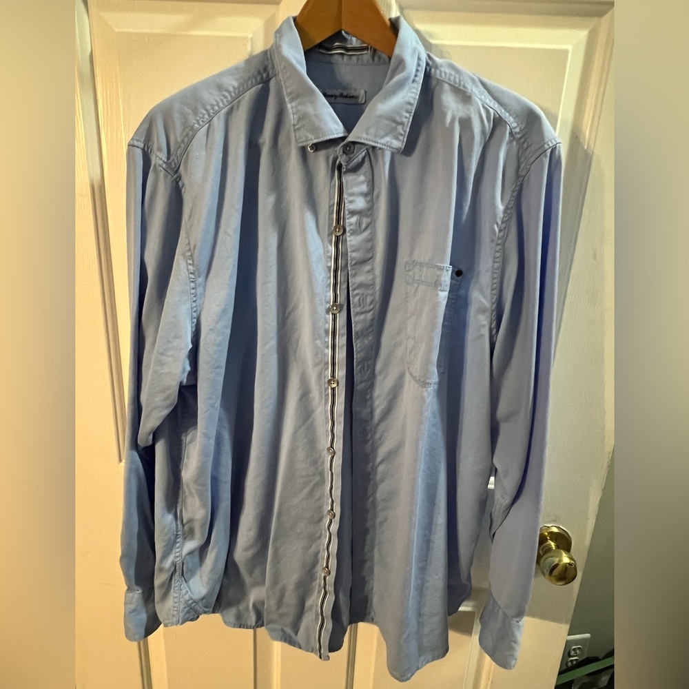 Tommy Bahama Shirt Mens Extra Large Blue Tencel Cotton Button Down Long Sleeve